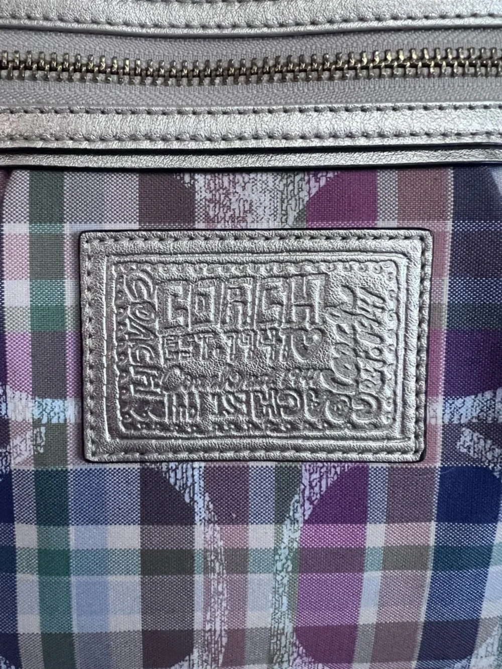 COACH POPPY BLUE GREEN PINK IVORY TARTAN PLAID LG TOTE SATCHEL HANDBAG - Picture 4 of 11